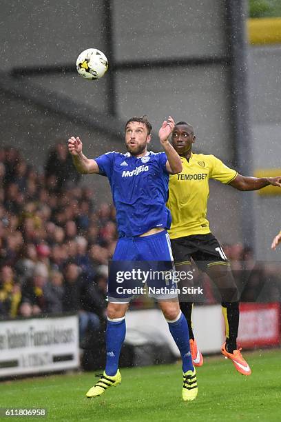 Rickie Lambert of Cardiff City and Lucas Akins of Burton Albion in action during the Sky Bet Championship match between Burton Albion and Cardiff...