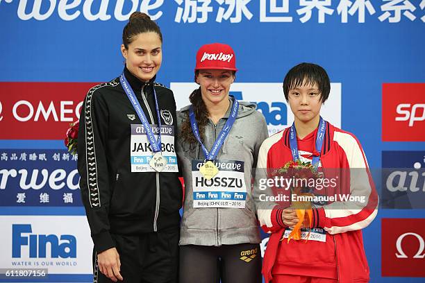 Gold medalist Katinka Hosszu of Hungary ,Silver medalist Zsuzsanna Jakabos of Hungary and bronze medalist Lei Lei of China poses during the medal...