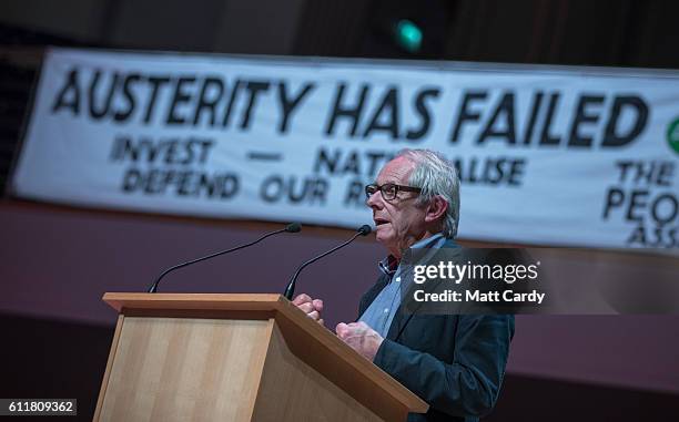 Film director Ken Loach speaks at the People's Assembly's People Conference which is being held in Birmingham Town Hall ahead of a demonstration...