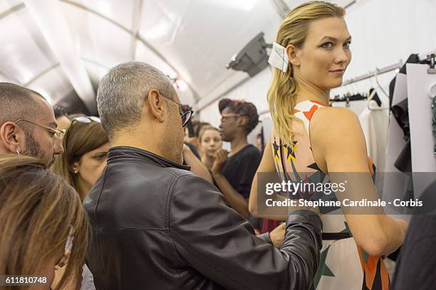 Fashion designer Elie Saab and Karlie Kloss in backstage prior the Elie Saab show as part of the Paris Fashion Week Womenswear Spring/Summer 2017on...