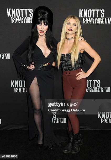 Elvira and AnnaLynne McCord arrive at the Knott's Scary Farm Black Carpet Event at Knott's Berry Farm on September 30, 2016 in Buena Park, California.