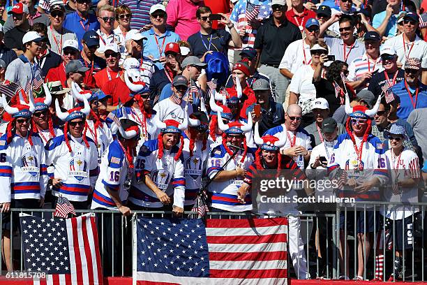 Brandt Snedeker of the United States cheers in the stands with fans during afternoon fourball matches of the 2016 Ryder Cup at Hazeltine National...