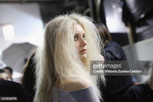 Model poses backstage prior the Vivienne Westwood show as part of the Paris Fashion Week Womenswear Spring/Summer 2017 on October 1, 2016 in Paris,...