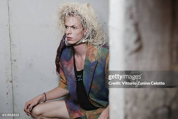 Model poses backstage prior the Vivienne Westwood show as part of the Paris Fashion Week Womenswear Spring/Summer 2017 on October 1, 2016 in Paris,...