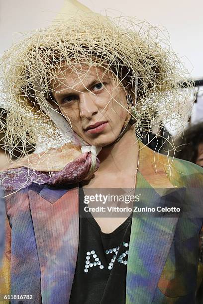 Model poses backstage prior the Vivienne Westwood show as part of the Paris Fashion Week Womenswear Spring/Summer 2017 on October 1, 2016 in Paris,...