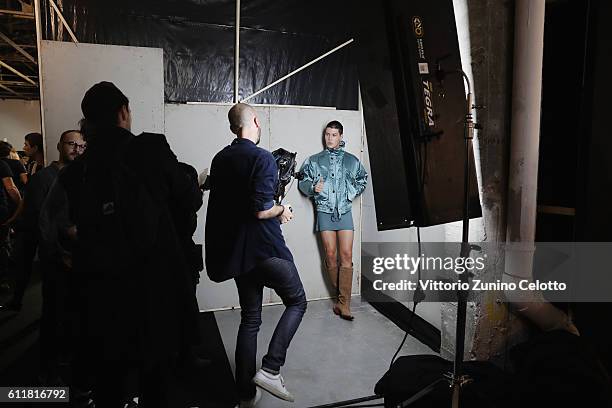 Model poses backstage prior the Vivienne Westwood show as part of the Paris Fashion Week Womenswear Spring/Summer 2017 on October 1, 2016 in Paris,...