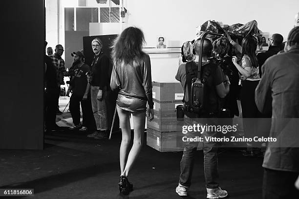 Image has been converted to black and white.) A model poses backstage prior the Vivienne Westwood show as part of the Paris Fashion Week Womenswear...