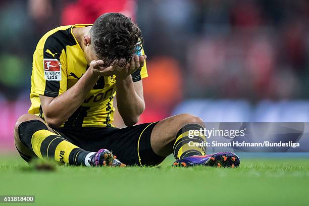 Emre Mor of Dortmund reacts during the Bundesliga match between Bayer 04 Leverkusen and Borussia Dortmund at BayArena on October 1, 2016 in...