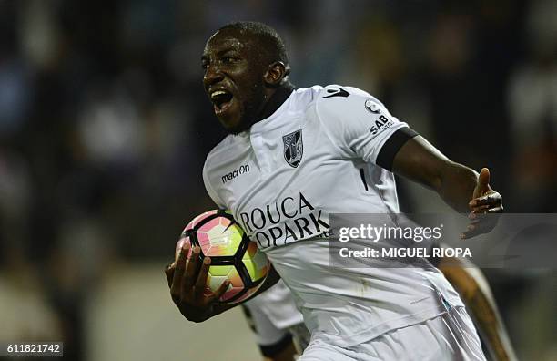 Vitoria Guimaraes' French forward Marega celebrates after scoring a goal during the Portuguese league football match Vitoria FC vs Sporting CP at the...