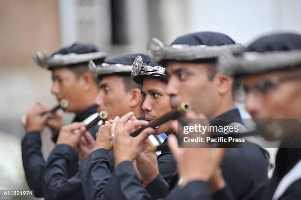 Nepalese Army Personnels of Gurujuko Paltan plays traditional instruments during the Gatasthapana first day of Biggest Hindu festival Dashain at...