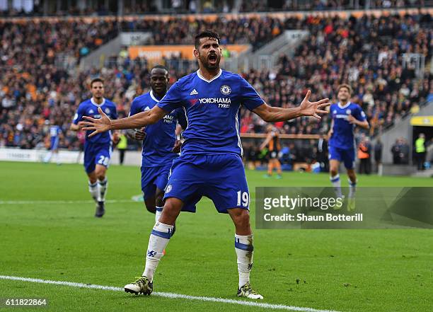 Diego Costa of Chelsea celebrates scoring his sides second goal during the Premier League match between Hull City and Chelsea at KC Stadium on...