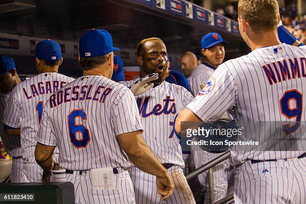 New York Mets Infield Jose Reyes [3276] celebrates in the dugout after hitting a two run homer in the ninth inning of a regular season game between...