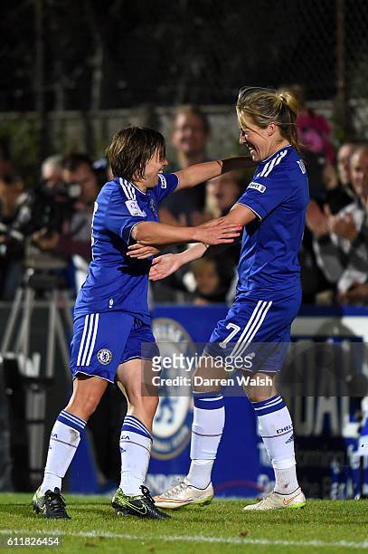 Chelsea's Fran Kirby celebrates scoring their second goal of the game with team-mate Gemma Davison