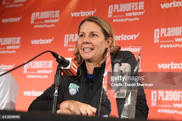 Head coach Cheryl Reeve of the Minnesota Lynx receives the 2016 WNBA Coach of the Year Award during a pregame press conference before Game Two of the...