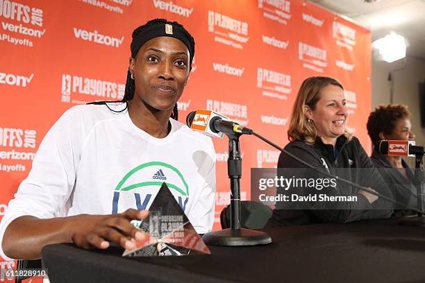 Sylvia Fowles of the Minnesota Lynx receives the 2016 WNBA Defensive Player of the Year Award during a pregame press conference before Game Two of...