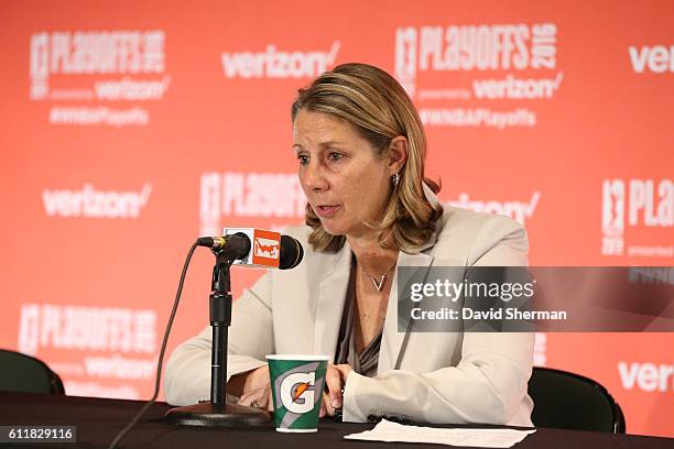 Head coach Cheryl Reeve of the Minnesota Lynx speaks at a post game press conference after the game against the Phoenix Mercury in Game Two of the...