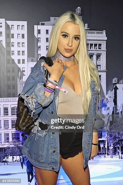 Internet personality Tana Mongeau poses in the NYX Professional Makeup area at BeautyCon NYC 2016 at Pier 36 on October 1, 2016 in New York City.