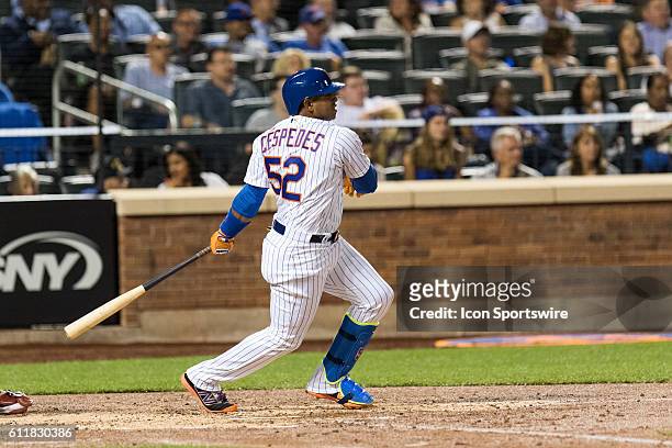New York Mets Left field Yoenis Cespedes [6997] singles to left field in the fourth inning of a regular season game between the Philadelphia Phillies...