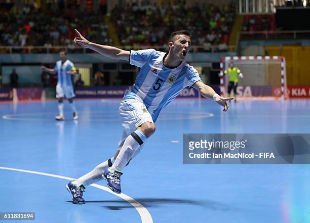 Maximilano Rescia of Argentina celebrates after he scores during the FIFA Futsal World Cup Final match between Russia and Argentina at the Coliseo el...