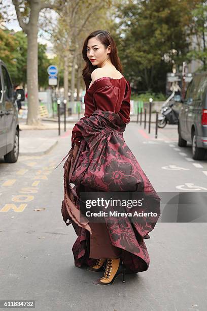 Actress, Aggie Hsieh seen wearing Vivienne Westwood during Paris Fashion Week Spring/Summer 2017 on October 1, 2016 in Paris, France.