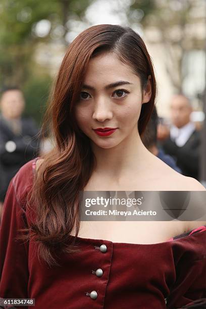 Actress, Aggie Hsieh seen wearing Vivienne Westwood during Paris Fashion Week Spring/Summer 2017 on October 1, 2016 in Paris, France.