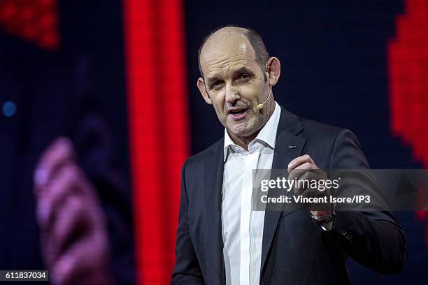 Of Audi Rupert Stadler delivers a speech during the press preview of the Paris Motor Show at Paris Expo Porte de Versailles on September 29, 2016 in...