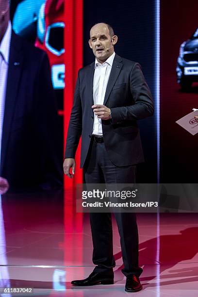 Of Audi Rupert Stadler delivers a speech during the press preview of the Paris Motor Show at Paris Expo Porte de Versailles on September 29, 2016 in...