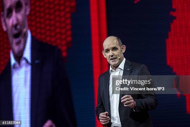 Of Audi Rupert Stadler delivers a speech during the press preview of the Paris Motor Show at Paris Expo Porte de Versailles on September 29, 2016 in...