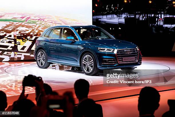 Of Audi Rupert Stadler delivers a speech during the press preview of the Paris Motor Show at Paris Expo Porte de Versailles on September 29, 2016 in...