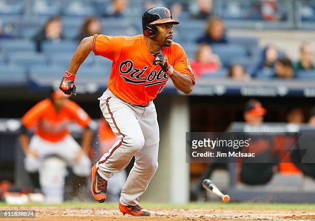 Michael Bourn of the Baltimore Orioles follows through on a second inning two run single against the New York Yankees at Yankee Stadium on October 1,...
