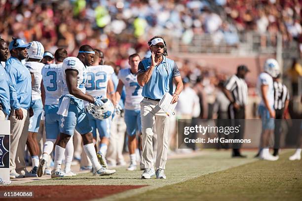 North Carolina Tar Heels head coach Larry Fedora yells during the game agaisnt the Florida State Seminoles at Doak Campbell Stadium on October 1,...