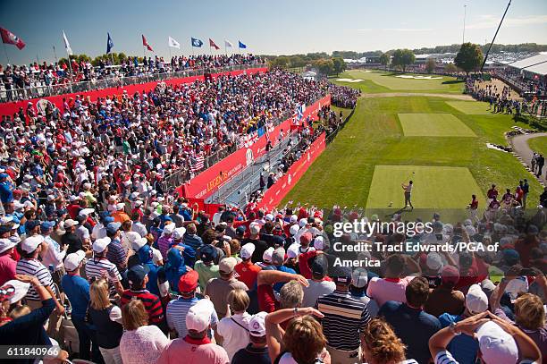 Rory McIlory of Northern Ireland hits his tee shot on the first hole during the fourball matches for the 41st Ryder Cup at Hazeltine National Golf...