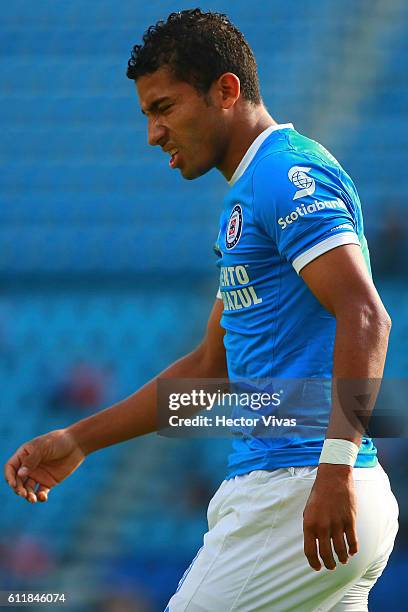 Joao Rojas of Cruz Azul reacts during the 12th round match between Cruz Azul and Veracruz as part of the Torneo Apertura 2016 Liga MX at Azul Stadium...