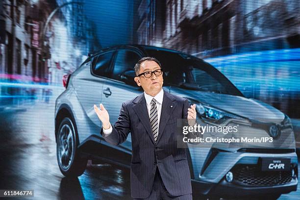 President and CEO of Toyota Motor Corporation Akio Toyoda delivers a speech during the press preview of the Paris Motor Show at Paris Expo Porte de...