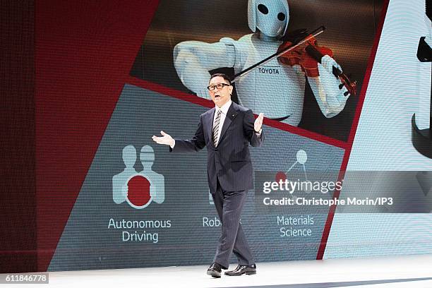 President and CEO of Toyota Motor Corporation Akio Toyoda delivers a speech during the press preview of the Paris Motor Show at Paris Expo Porte de...