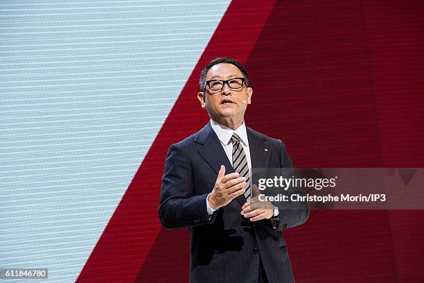 President and CEO of Toyota Motor Corporation Akio Toyoda delivers a speech during the press preview of the Paris Motor Show at Paris Expo Porte de...