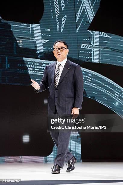 President and CEO of Toyota Motor Corporation Akio Toyoda delivers a speech during the press preview of the Paris Motor Show at Paris Expo Porte de...