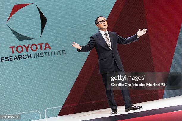 President and CEO of Toyota Motor Corporation Akio Toyoda delivers a speech during the press preview of the Paris Motor Show at Paris Expo Porte de...