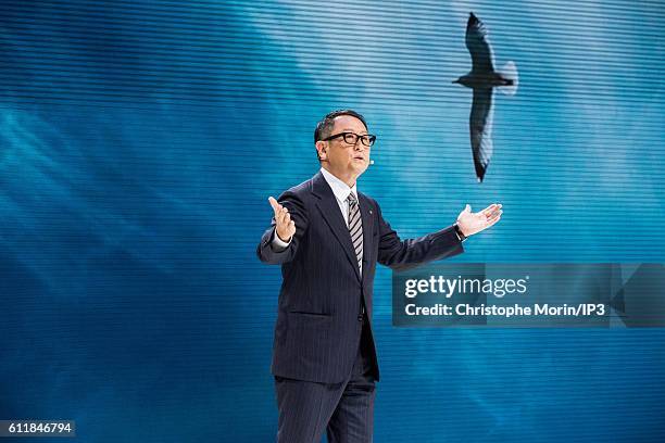 President and CEO of Toyota Motor Corporation Akio Toyoda delivers a speech during the press preview of the Paris Motor Show at Paris Expo Porte de...