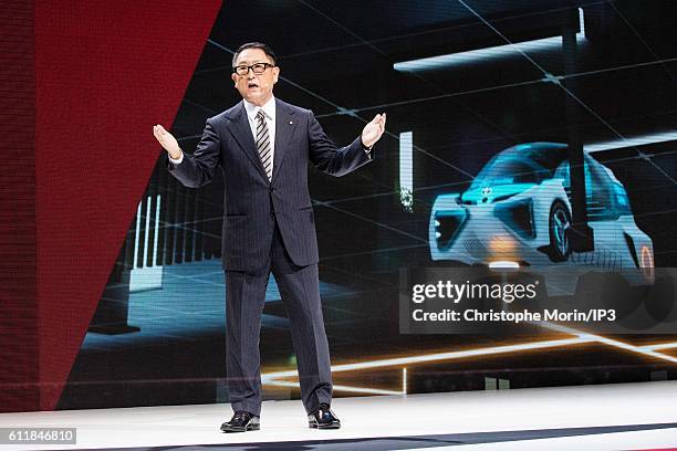 President and CEO of Toyota Motor Corporation Akio Toyoda delivers a speech during the press preview of the Paris Motor Show at Paris Expo Porte de...