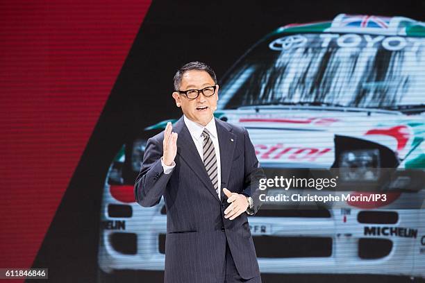 President and CEO of Toyota Motor Corporation Akio Toyoda delivers a speech during the press preview of the Paris Motor Show at Paris Expo Porte de...