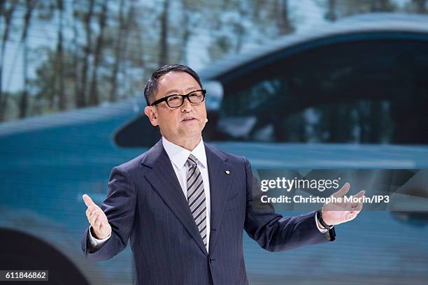 President and CEO of Toyota Motor Corporation Akio Toyoda delivers a speech during the press preview of the Paris Motor Show at Paris Expo Porte de...