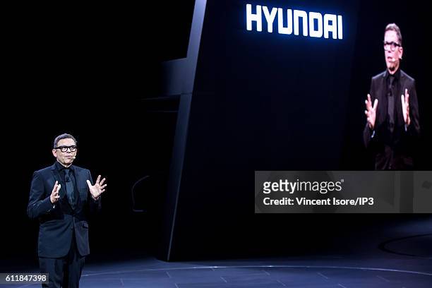 Chief designer officer of Hyundai Peter Schreyer delivers a speech during the press preview of the Paris Motor Show at Paris Expo Porte de Versailles...