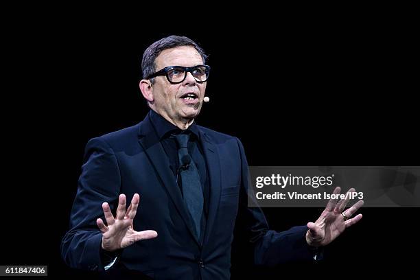 Chief designer officer of Hyundai Peter Schreyer delivers a speech during the press preview of the Paris Motor Show at Paris Expo Porte de Versailles...