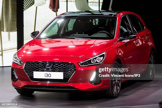 Hyundai brand presents their latest Hyundai I30 car during the press preview of the Paris Motor Show at Paris Expo Porte de Versailles on September...