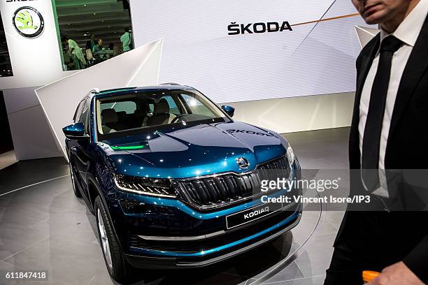 Skoda brand presents their latest Skoda Kodiaq car during the press preview of the Paris Motor Show at Paris Expo Porte de Versailles on September...