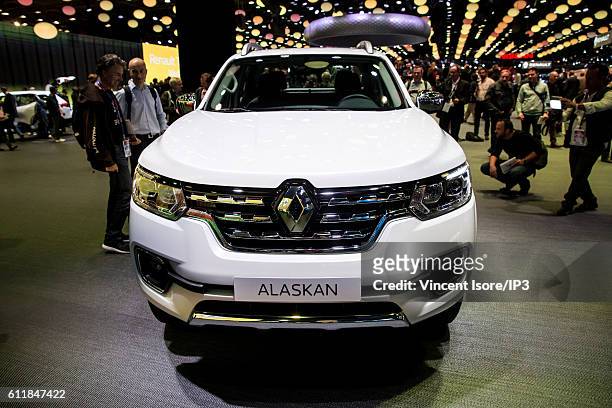 Renault brand presents their latest Renault Alaskan car during the press preview of the Paris Motor Show at Paris Expo Porte de Versailles on...