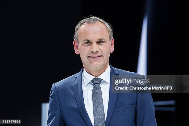 Of Porsche Oliver Blume delivers a speech during the press preview of the Paris Motor Show at Paris Expo Porte de Versailles on September 29, 2016 in...