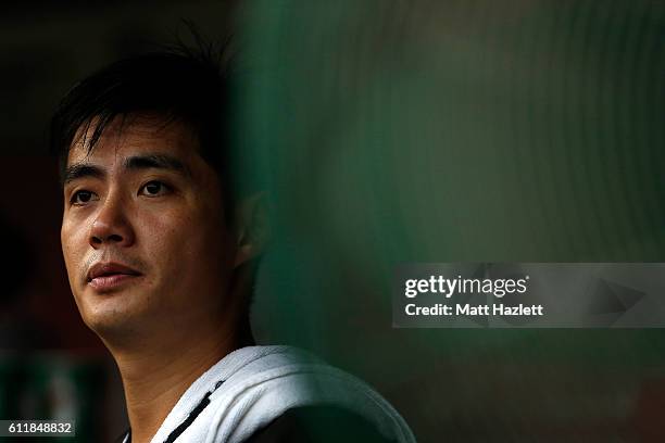 Wei-Yin Chen of the Miami Marlins looks on from the dug out against the Washington Nationals in the sixth inning at Nationals Park on October 1, 2016...