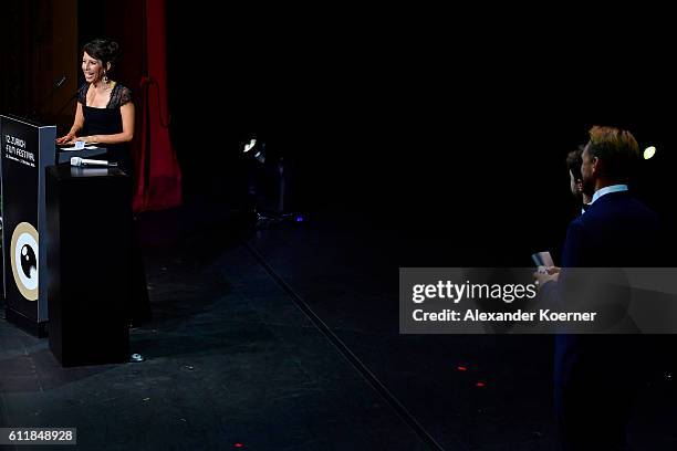 Heidi Brandenburg gives her acceptance speech after receiving the award for international documentary for her movie 'When Two Worlds Collide' on...